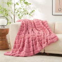 Cozy Bliss Faux Fur Throw Blanket For Couch Cozy Warm Plush Striped Blanket For Sofa Bedroom Living Room Pink