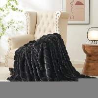 Cozy Bliss Faux Fur Throw Blanket For Couch  Cozy Warm Plush Striped Blanket For Sofa Bedroom Living Room  Black