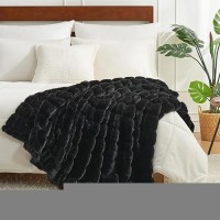 Cozy Bliss Faux Fur Throw Blanket For Couch  Cozy Warm Plush Striped Blanket For Sofa Bedroom Living Room  Black