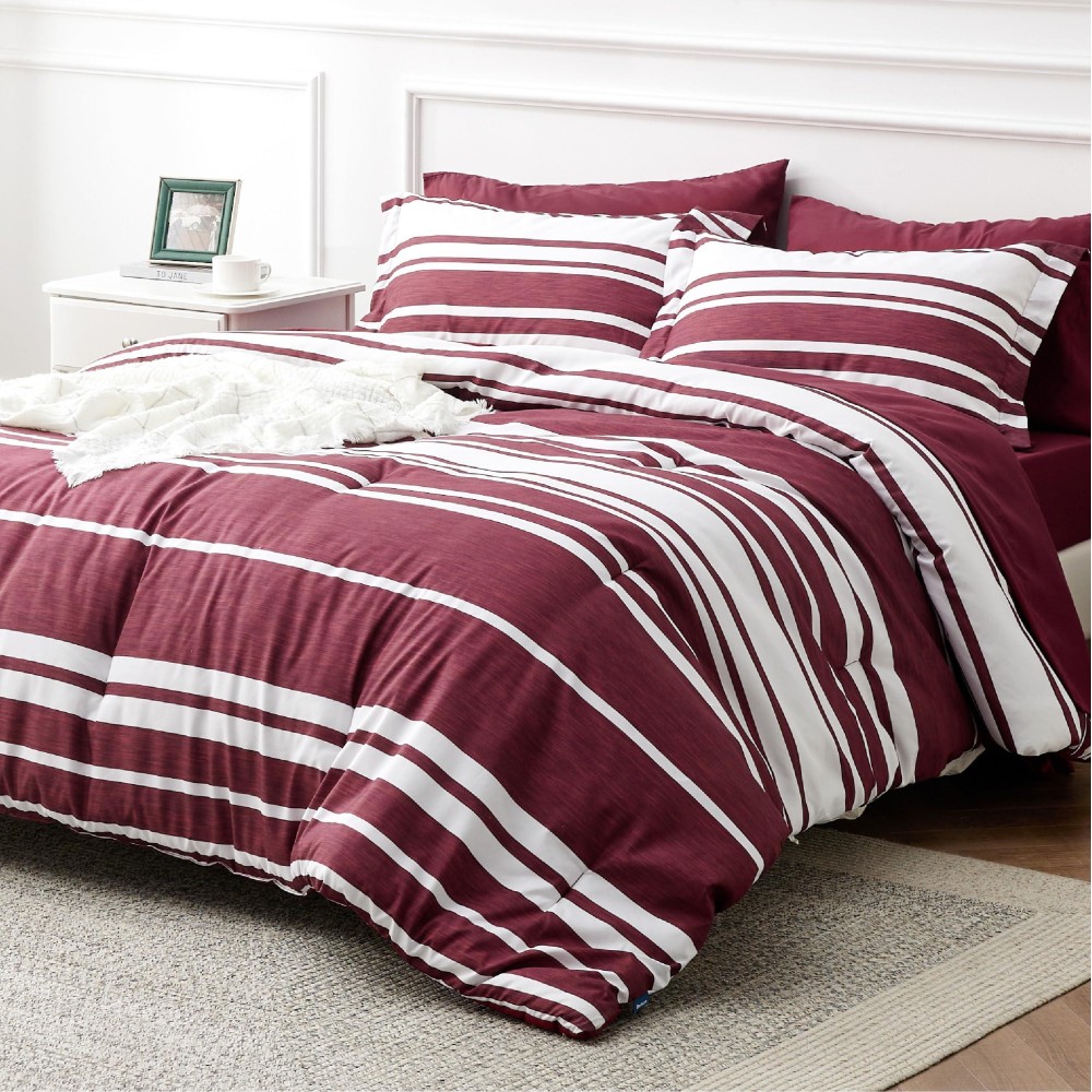 Bedsure Bed In A Bag Queen Size 7Piece Burgundy White Striped Bedding Comforter Sets All Season Bed Set 2 Pillow Shams Flat S