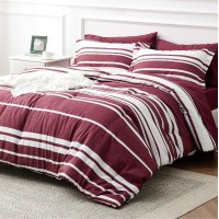 Bedsure Bed In A Bag Queen Size 7Piece Burgundy White Striped Bedding Comforter Sets All Season Bed Set 2 Pillow Shams Flat S