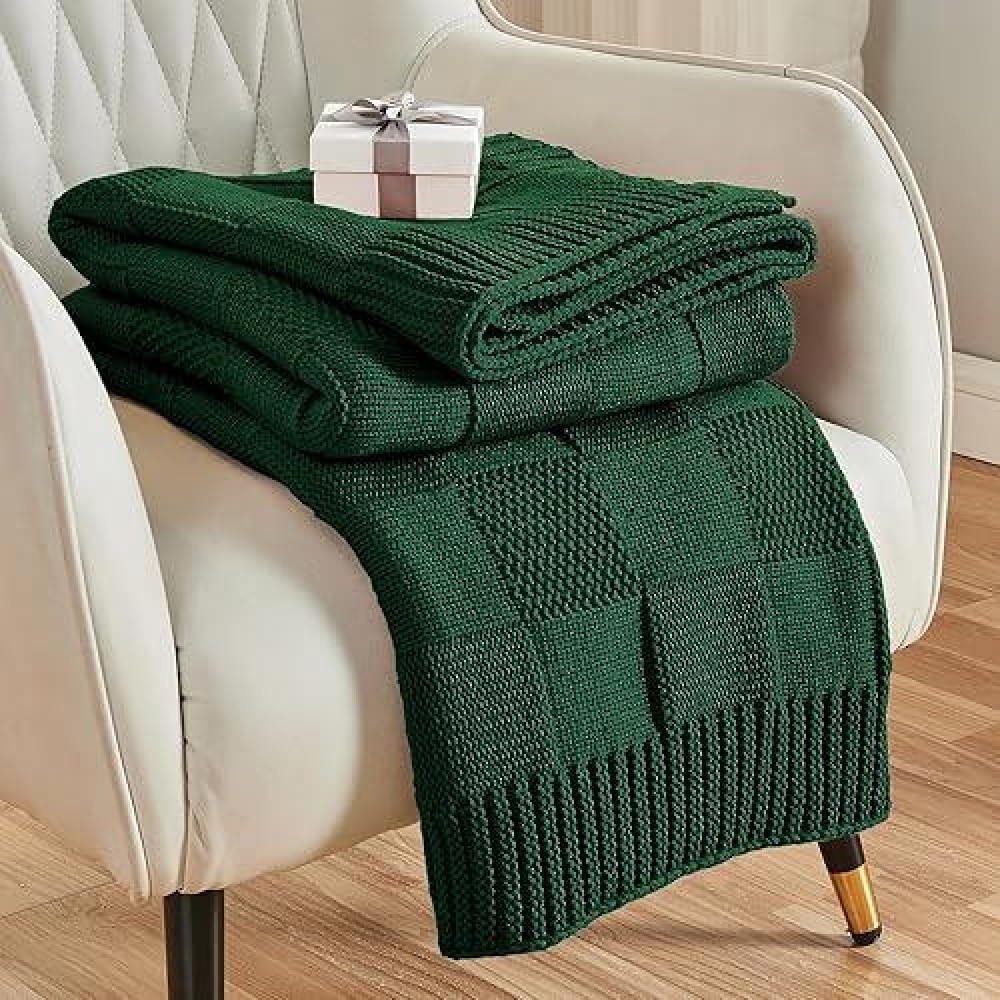 Cozecube Knit Throw Blanket Green Checkered Throw Blanket For Couch Soft Cozy Warm Knitted Throw Blanket For Bed Sofa Living R