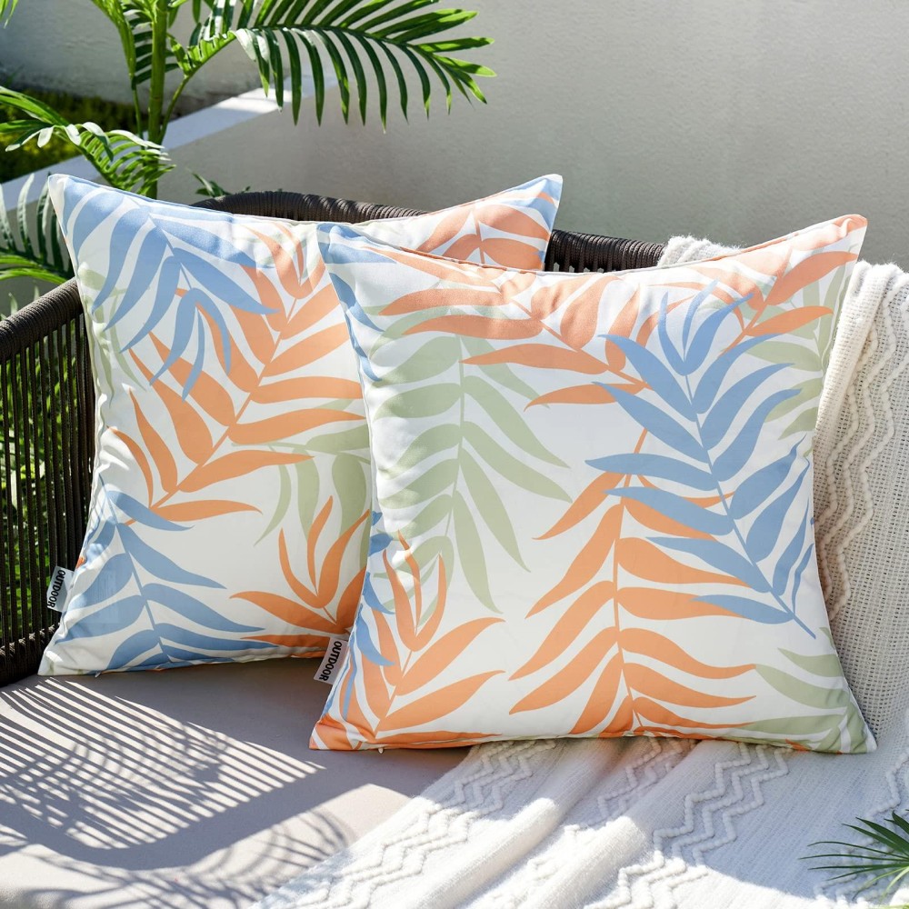 Miulee Pack Of 2 Decorative Outdoor Waterproof Throw Pillow Covers Patio Pillow Cases Natural Leaves Pattern Spring Square Cushi