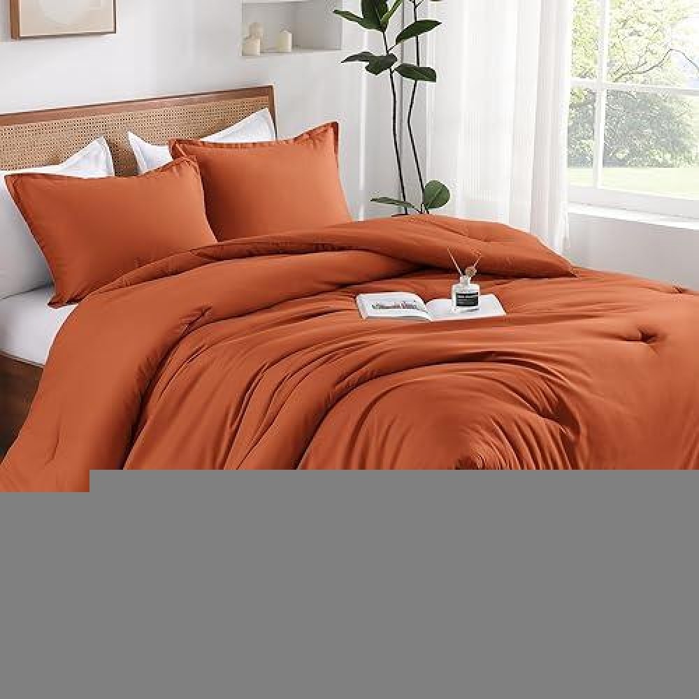 Andency Queen Comforter Set Burnt Orange 3 Pieces Terracotta Solid Fluffy Lightweight Bedding Sets Boho Soft Microfiber All Se