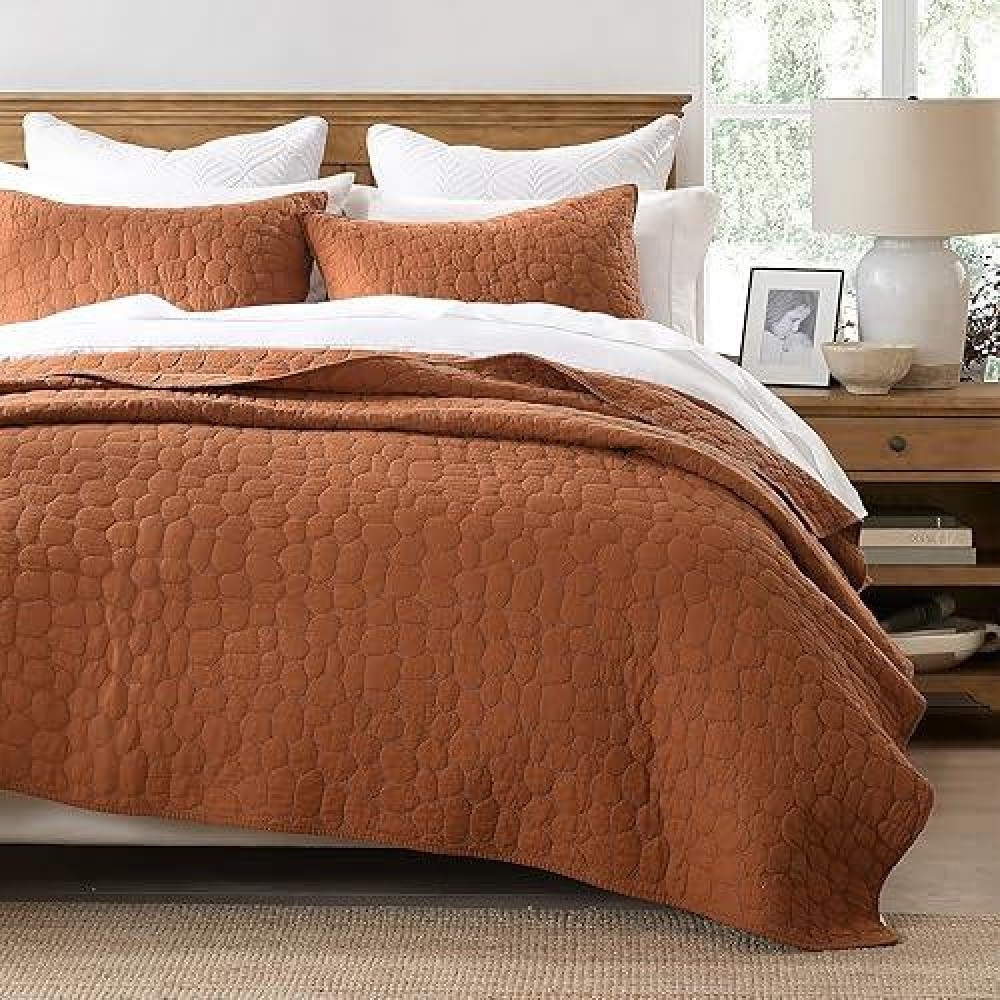 Horimote Home 100% Cotton Quilt Set Twin Size  Burnt Orange Pre-Washed Bedspreads Coverlet Set With Cobblestone Pattern  Cozy Lightweight Stitching Bedding Cover With 1 Sham For All Season