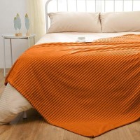 Vessia Flannel Fleece King Size Bed Blanket(108X90 Inch)  300Gsm Burnt Orange Striped Bed Blanket For Adults  Super Soft Warm Cozy Lightweight Ribbed Blanket For All-Season