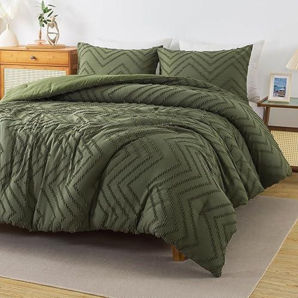 Andency Olive Green Comforter Set King Size Boho Soft Fluffy Warm Lightweight Bedding Comforter Sets For King Bed 3 Pieces Che