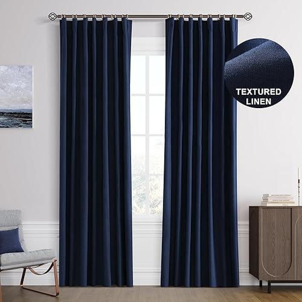 Joywell 100% Blackout Linen Curtains 84 Inches Length Long  Rod Pocket/Back Tab/Hook Belt/Clip Rings  Thermal Insulated Darkening Drapes For Bedroom Living Room Indigo (2 Panels 52 X 84 Navy Blue)