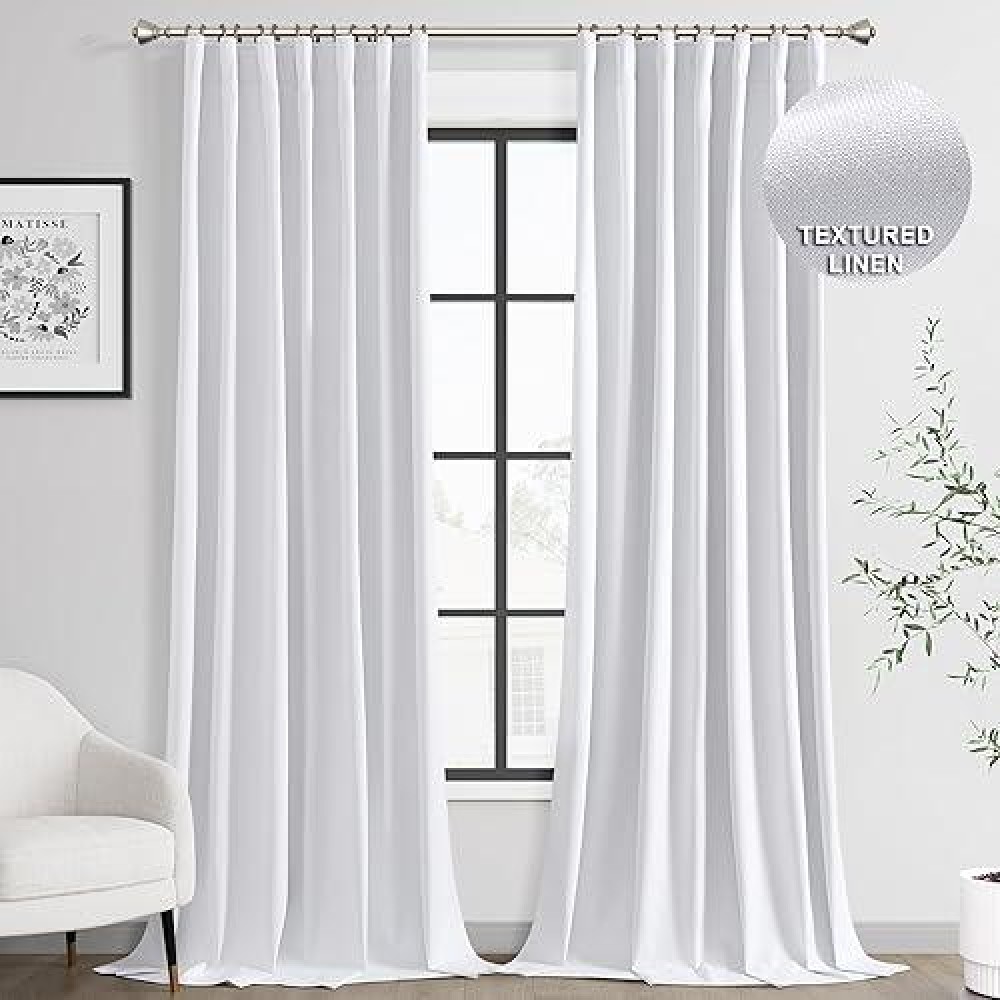 Joywell Linen 100% Blackout Curtains 102 Inches Long  Rod Pocket/Back Tab/Hook Belt/Clip Rings  Thermal Insulated Floor Length Drapes For Bedroom Dining Living Room (2 Panels W52 X L102  White)