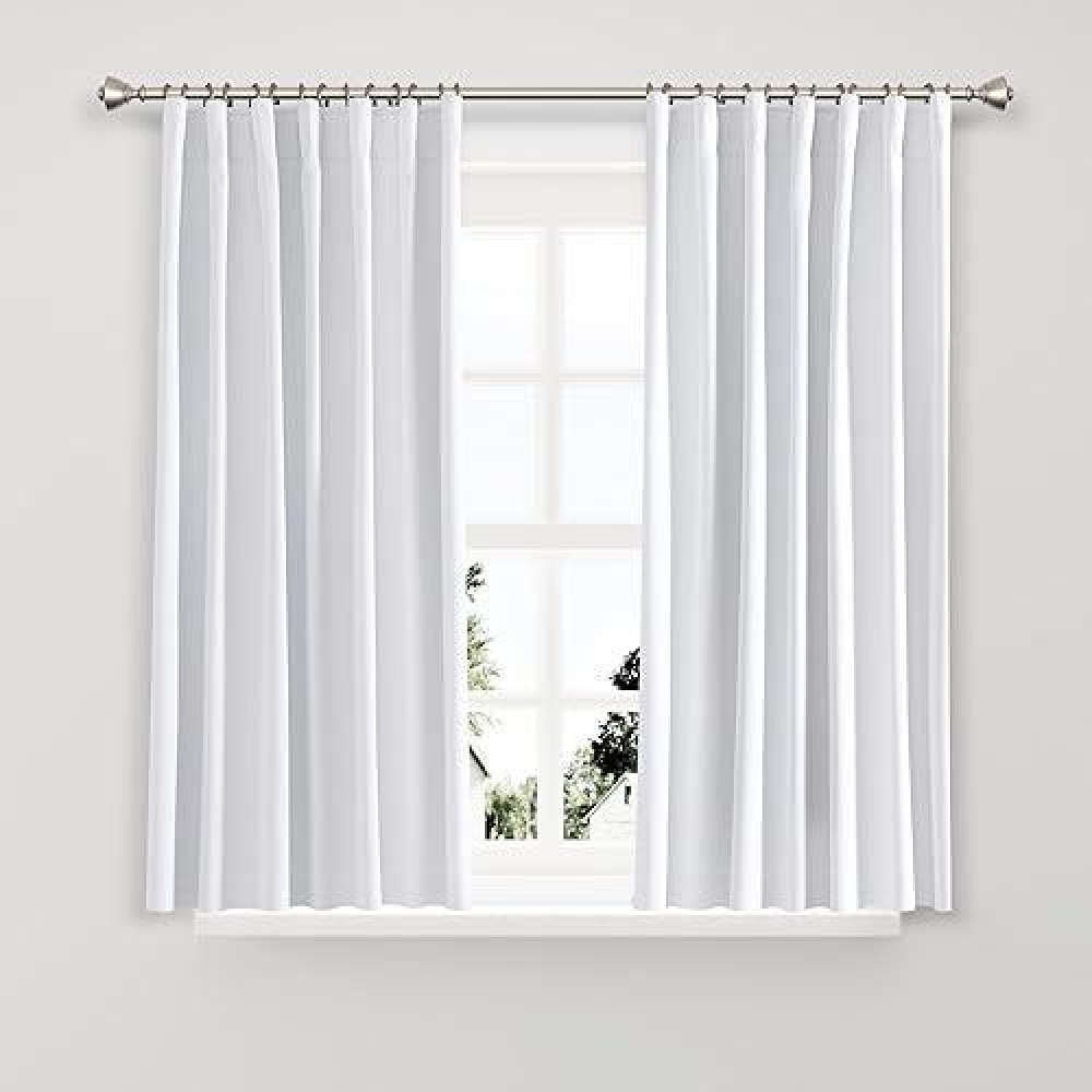 Joywell Linen 100% Blackout Curtains 45 Inches Length Long  Rod Pocket/Back Tab/Hook Belt/Clip Rings  Thermal Insulated Darkening Drapes For Bedroom Living Room (2 Panels Set W52 X L45  White)