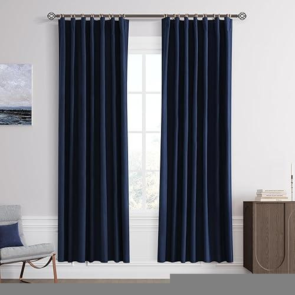 Joywell Linen 100% Blackout Curtains 72 Inches Length Long  Rod Pocket/Back Tab/Hook Belt/Clip Rings  Thermal Insulated Darkening Drapes For Bedroom Living Room (2 Panels Set W52 X L72 Navy Blue)