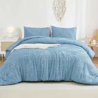 Andency Blue Comforter Set Full Size 3 Pieces Boho Lightweight Fluffy Bedding Comforter Set For Full Bed Tufted Farmhouse Desi