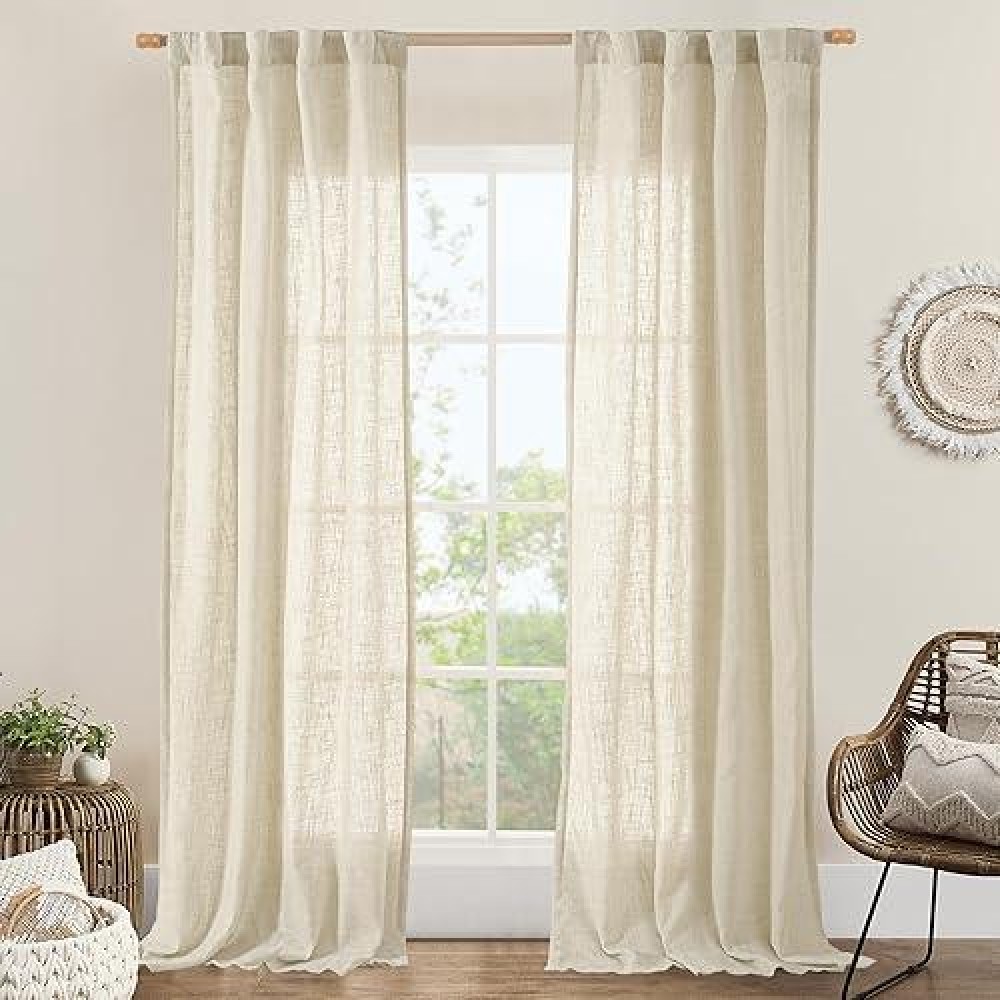 Lamit Beige Linen Curtains For Living Room 2 Panels Set 84 Inch Faux Linen Textured Light Filtering Drapes Back Tab And Rod Poc