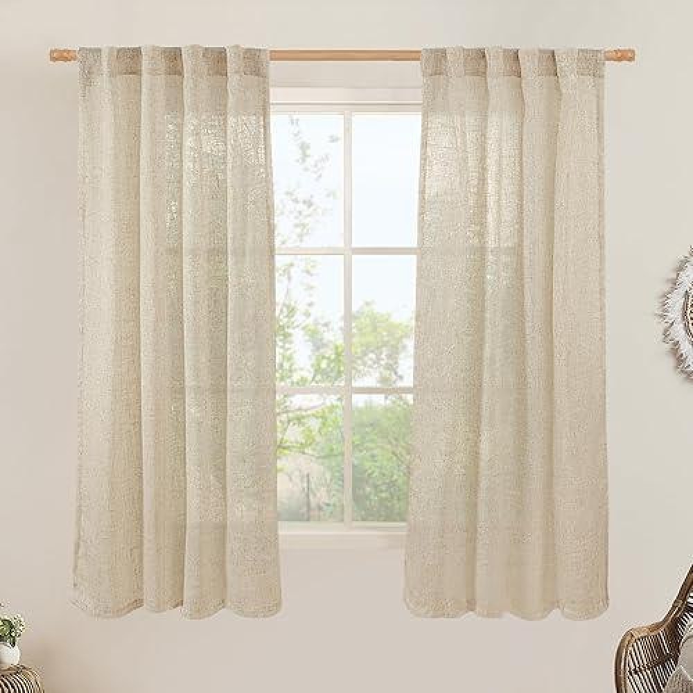 Lamit Natural Linen Semi Sheer Curtains 63 Inch For Bedroom Light Filtering Curtains Farmhouse Boho Back Tab And Rod Pocket Dra