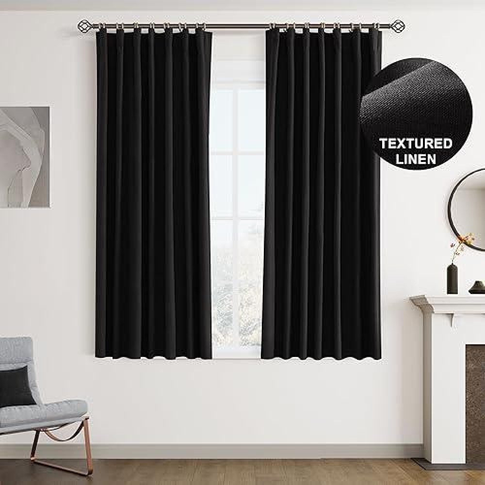 Joywell 100% Blackout Linen Curtains 63 Inches Length Long  Rod Pocket/Back Tab/Hook Belt/Clip Rings  Thermal Insulated Darkening Drapes For Bedroom Living Room (2 Panels Set W52 X L63 Black)