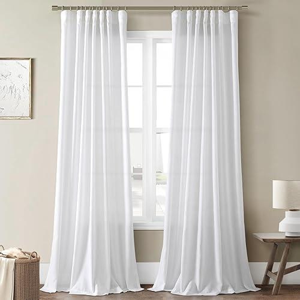 Joywell White Linen Curtains 96 Inches Long Pleated Back Tab Semi Sheer Window Covering Light Airy Privacy Panels For Bedroom Li