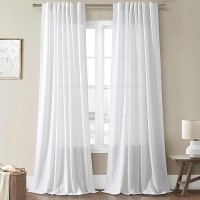 Joywell White Linen Curtains 96 Inches Long Pleated Back Tab Semi Sheer Window Covering Light Airy Privacy Panels For Bedroom Li