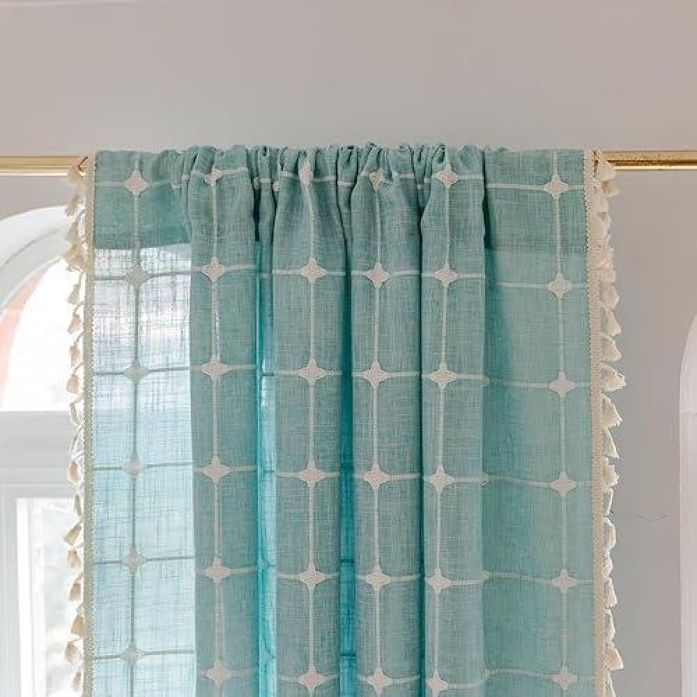 Deeprove Green Boho Curtains 96 Inches Long For Bedroom Nursery Room  Cotton Linen Lattice Plaids Embroidery Semi Blackout Bohemian Window Treatment Grids Drape Tassels  1 Panel W52 X L96  Aqua