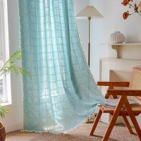 Deeprove Green Boho Curtains 96 Inches Long For Bedroom Nursery Room  Cotton Linen Lattice Plaids Embroidery Semi Blackout Bohemian Window Treatment Grids Drape Tassels  1 Panel W52 X L96  Aqua