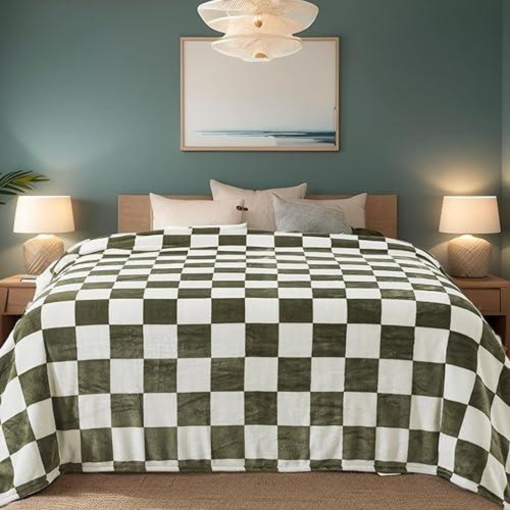 Checkered Twin Size Blanket Premium Lightweight Antistatic 66X90 Inches Sage Green Throw Blankets For Twintwin Xl Extra Long B