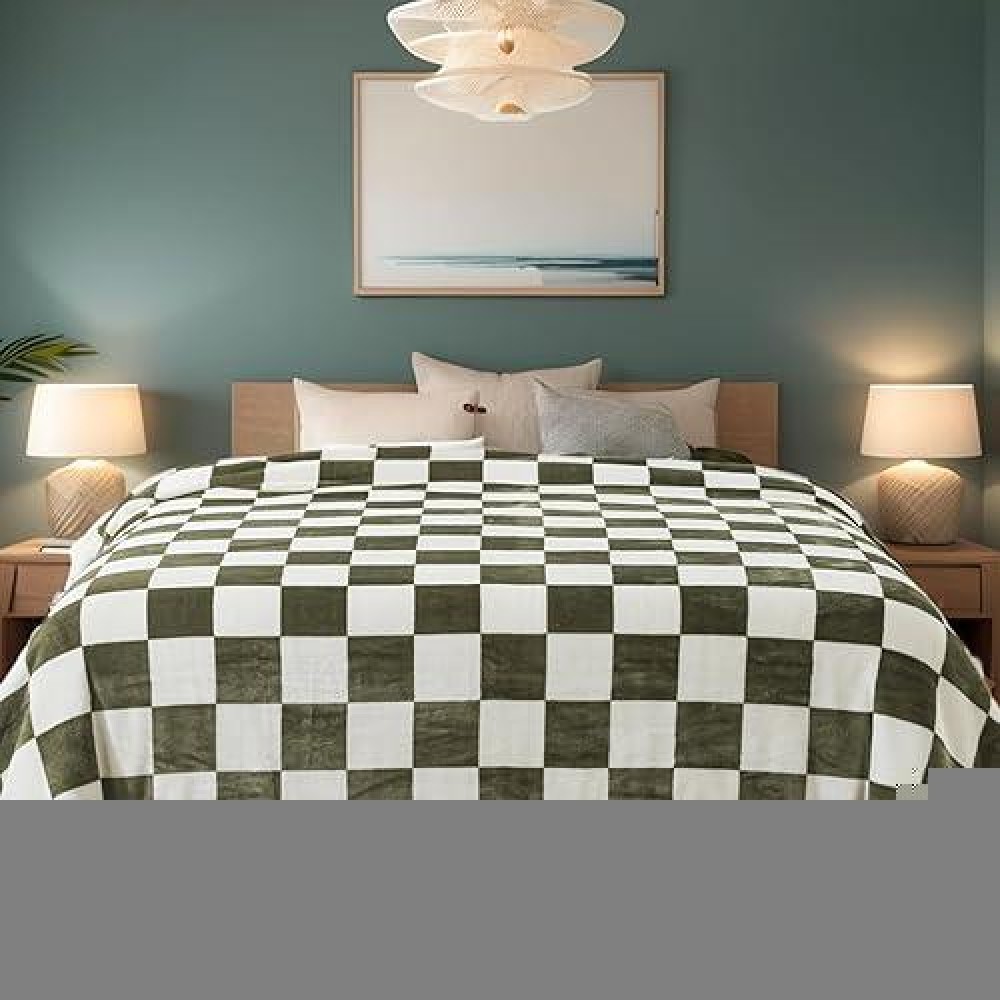 Checkered Queen Size Blanket Premium Lightweight Antistatic 90X90 Inches Sage Green Throw Blankets For Queen Full Bed Couch So