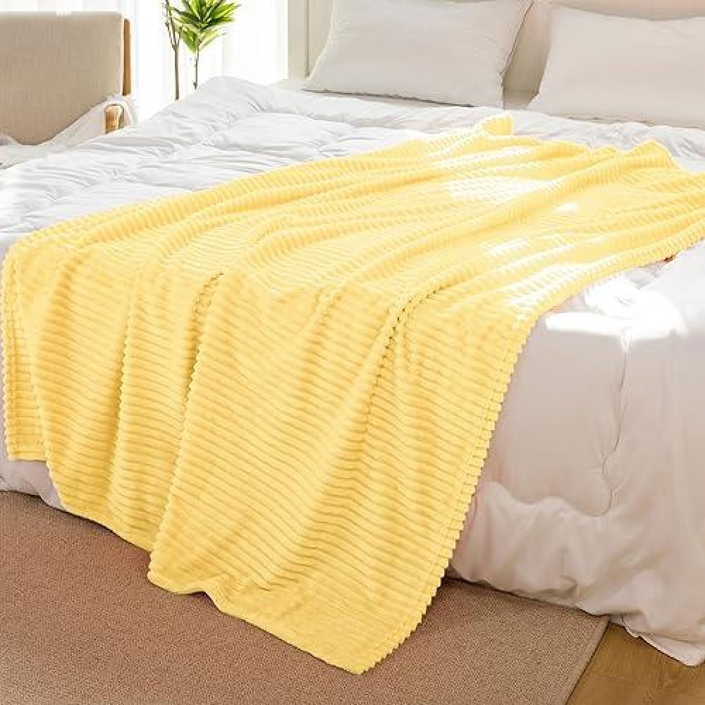 Vessia Flannel Fleece King Blanket For King Size Bed  300Gsm Striped 108X90Inch Light Yellow Blanket For Adults And Kids  Super Soft Warm Cozy Lightweight Ribbed Pale Yellow Blanket For All-Season