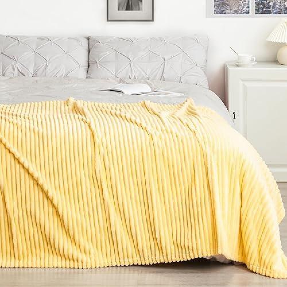 Vessia Flannel Fleece Queen Blanket For Queen Bed  300Gsm Striped 90X90Inch Light Yellow Blanket For Adults And Kids  Super Soft Warm Cozy Lightweight Ribbed Pale Yellow Blanket For All-Season