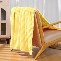 Vessia Flannel Fleece Queen Blanket For Queen Bed  300Gsm Striped 90X90Inch Light Yellow Blanket For Adults And Kids  Super Soft Warm Cozy Lightweight Ribbed Pale Yellow Blanket For All-Season