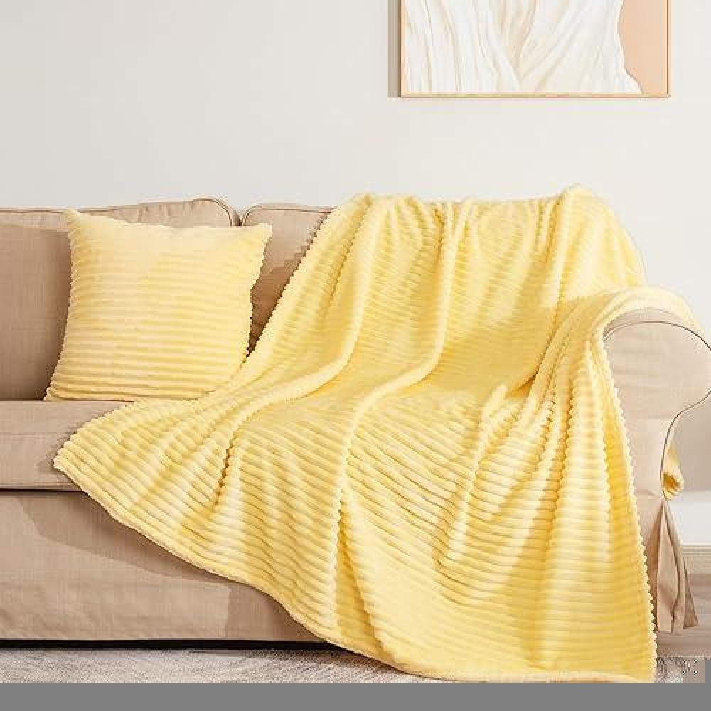 Vessia Flannel Throw Blanket With Pillow Cover For Couch Sofa Bed  300Gsm Striped Light Yellow Blanket Throw For Adults  Super Soft Warm Cozy Ribbed Pale Yellow Throw For All-Season(50X71Inch)