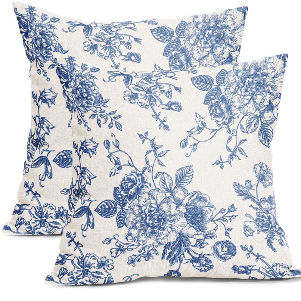 Blue Floral Pillow Covers 18X18 Inch Vintage Flower Blue White Decorative Throw Pillow Covers Set Of 2 Chinoiserie Pillowcases C