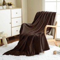 Vessia Flannel Fleece Queen Size Blanket(90X90Inch)  300Gsm Cozy Brown Stripe Bed Blanket For Couch  Sofa And Bed  Warm And Soft Chocolate Microfiber Ribbed Blanket For All Season