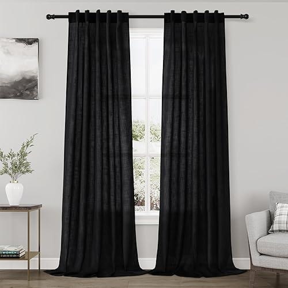 Nanspring Black Semi Sheer Linen Curtains 84 Inch Length For Living Room Back Tab Rod Pocket Modern Farmhouse Coastal Decor Blac