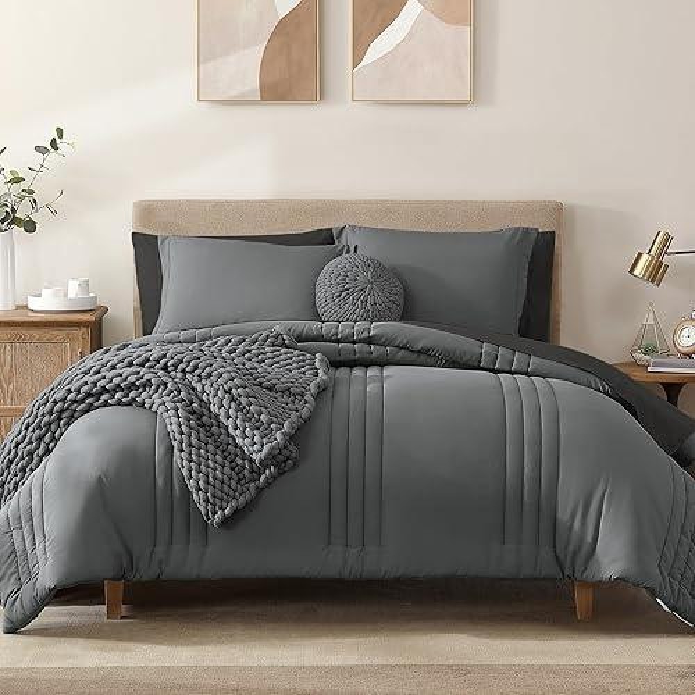 Monbix Comforter King Size  King Comforters Set 7 Piece  Breathable Solid Bedding Sets King With Comforters  Sheets  King Bed In A Bag With Sheets Pillowcases & Shams (Grey King  102