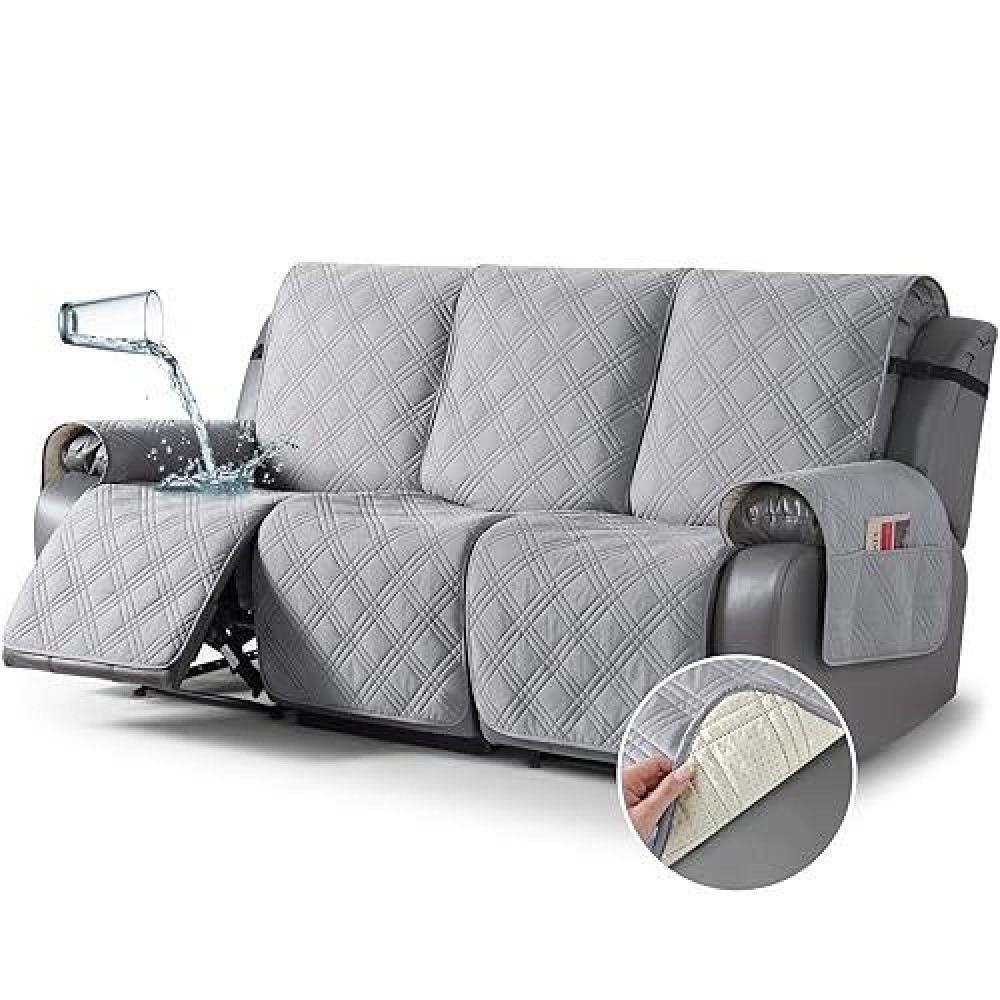 Taococo 100% Waterproof Recliner Couch Cover  Non Slip Split Couch Covers For Reclining Couches With Elastic Straps  Washable Reclining Couch Covers Furniture Protector For Pets(3 Seater  Light Grey)