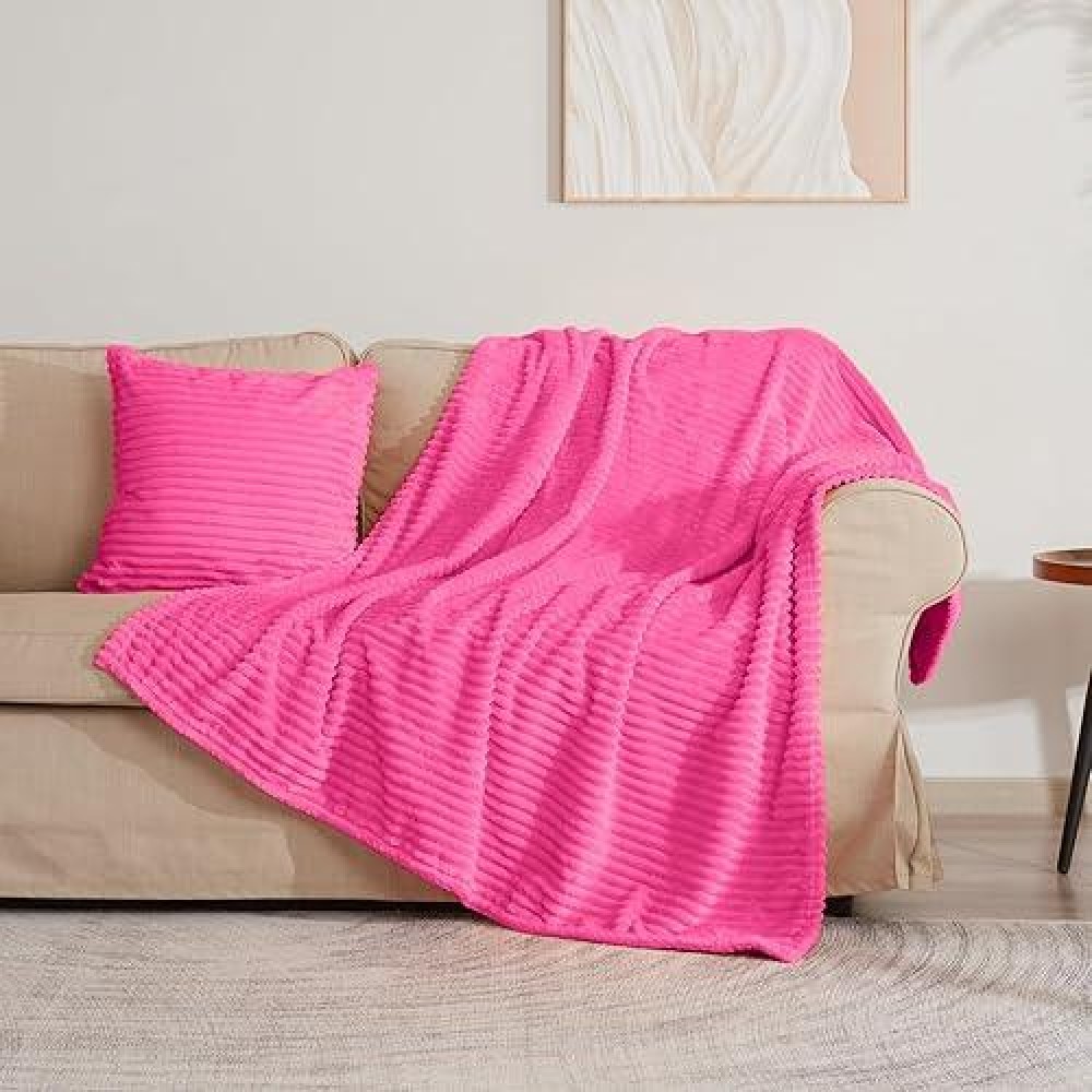 Vessia Flannel Throw Blanket With Pillow Cover For Couch Sofa Bed  300Gsm Striped Hot Pink Blanket Throw For Adults  Super Soft Warm Cozy Ribbed Throw For All-Season(50X71Inch)