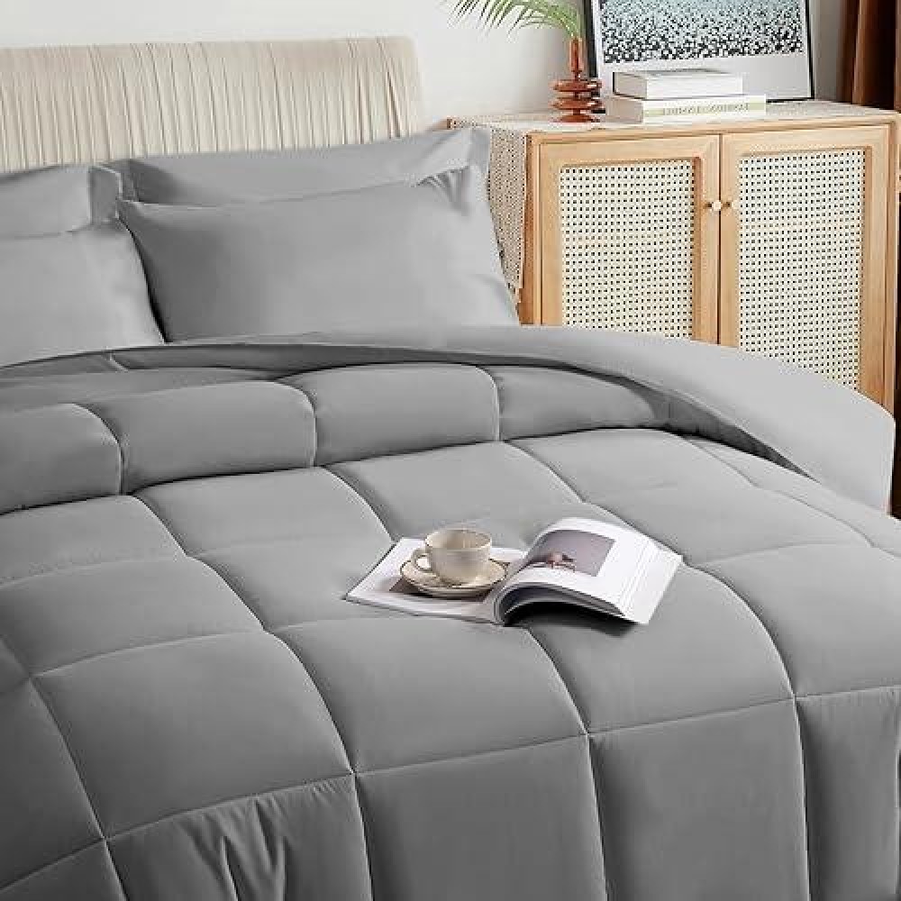 Taimit Grey Full Size Comforter Set - 7 Pieces  Bed In A Bag Bedding Sets With All Season Soft Quilted Warm Fluffy Reversible Comforter Flat Sheet Fitted Sheet 2 Pillow Shams 2 Pillowcases