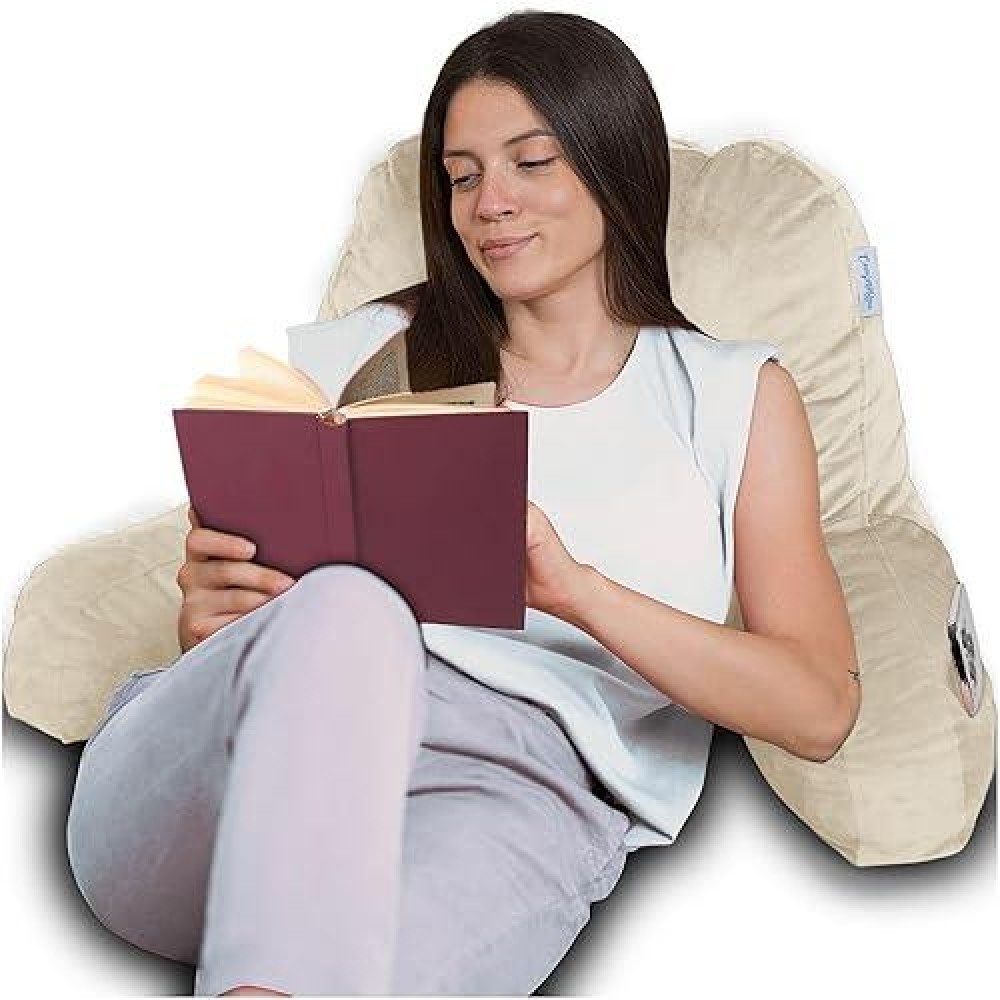 Comfortspa Reading Pillow For Bed Adult Size  Back Rest Pillow With Arms  Pockets And Washable Cover; Use As A Back Pillow For Sitting In Bed For Bedrest Or Relief From Gerd Heartburn (Large Cream)