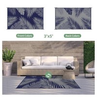 Genimo Outdoor Rug 3' X 5' Waterproof For Patios Clearance  Reversible Outdoor Plastic Straw Camping Rug Carpet  Large Area Rugs Mats For Rv  Camper  Deck  Balcony  Porch  Beach  Picnic Navy Blue&Grey