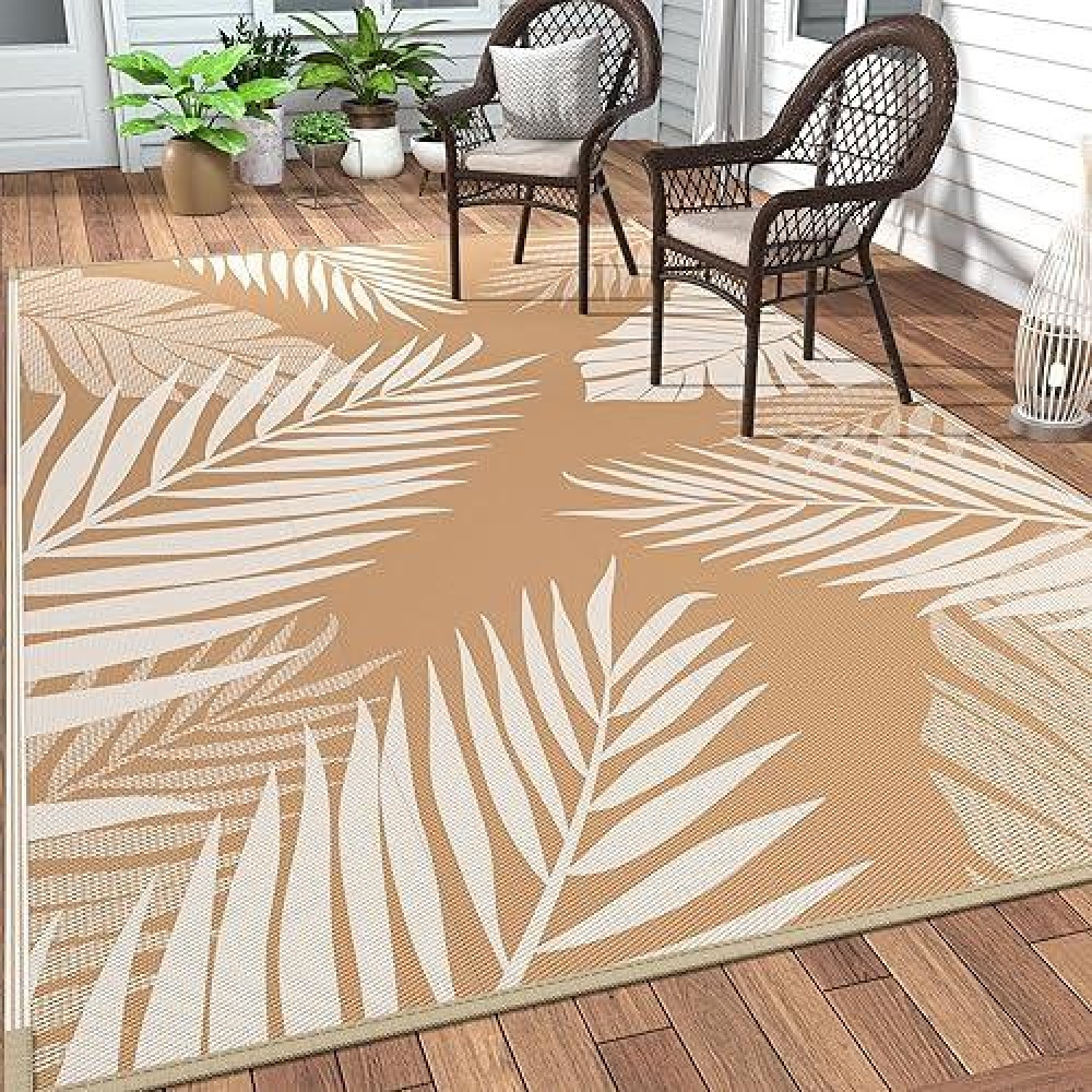 Genimo Outdoor Rug 6' X 9' Waterproof For Patios Clearance  Reversible Outdoor Plastic Straw Camping Rug Carpet  Large Area Rugs Mats For Rv  Camper  Deck  Balcony  Porch  Beach  Picnic  Brown&Beige