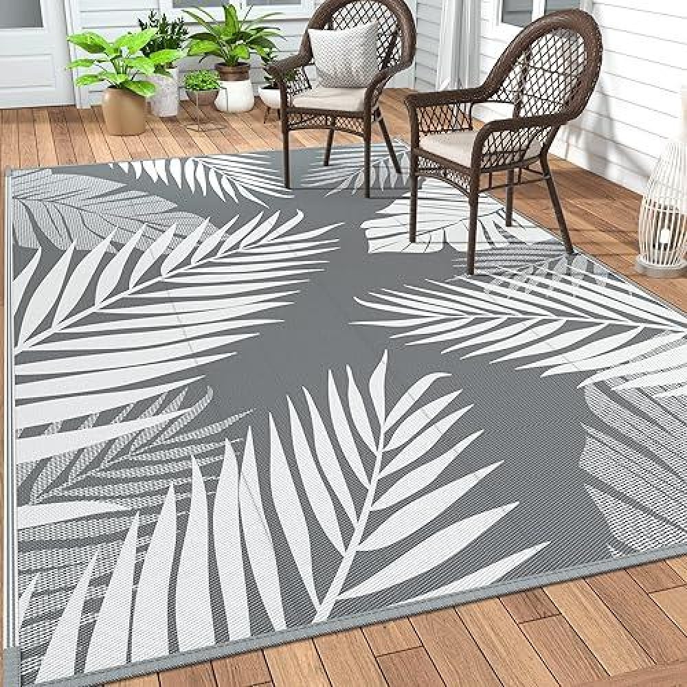 Genimo Outdoor Rug 4' X 6' Waterproof For Patios Clearance  Reversible Outdoor Plastic Straw Camping Rug Carpet  Large Area Rugs Mats For Rv  Camper  Deck  Balcony  Porch  Beach  Picnic  Grey&White