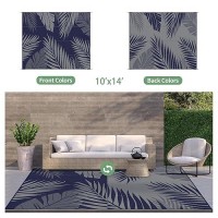 Genimo Outdoor Rug 10' X 14' Waterproof For Patios Clearance  Reversible Outdoor Plastic Straw Camping Rug Carpet  Large Area Rugs Mats For Rv  Camper  Deck  Balcony  Porch  Beach  Navy Blue&Grey