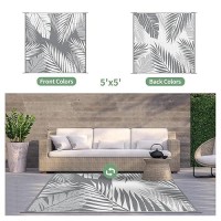 Genimo Outdoor Rug 5' Square Waterproof For Patios Clearance  Reversible Outdoor Plastic Straw Camping Rug Carpet  Large Area Rugs Mats For Rv  Camper  Deck  Balcony  Porch  Beach  Picnic  Grey&White