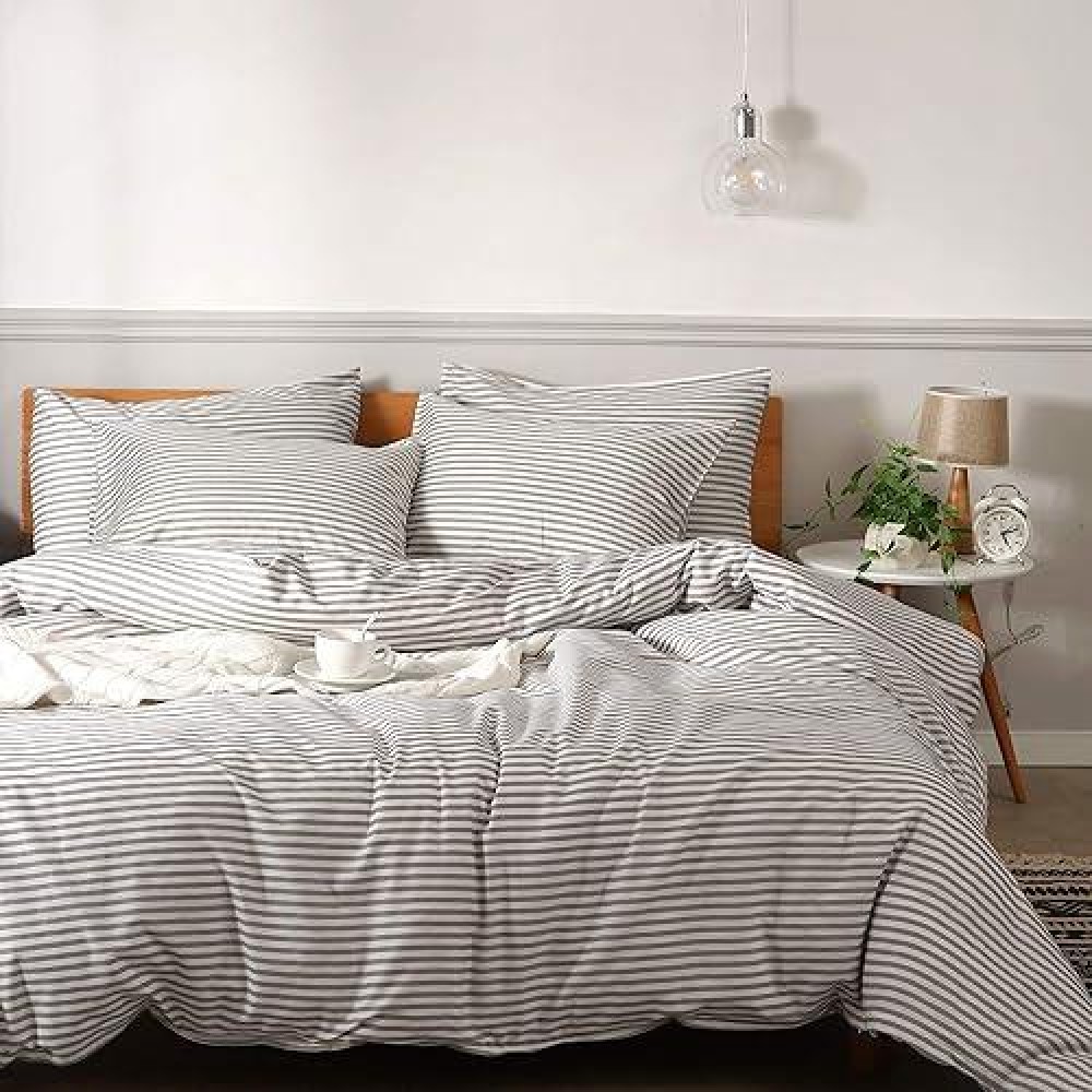 Jellymoni 100 Natural Cotton 3Pcs Striped Duvet Cover Sets White Duvet Cover With Thick Black Stripes Pattern Printed Comforte