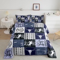 Manfei Cowboy Comforter Set Twin Size Horse Bull Skull Cowboy Boots Hat Bedding Set 2Pcs Kids Boys Teens Room Decor Boho Navy