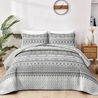 Wongs Bedding Boho Queen Quilt Set Grey Bohemian Queen Quilt Bedding Set Lightweight Microfiber Bed Decor Bedspread For All Se