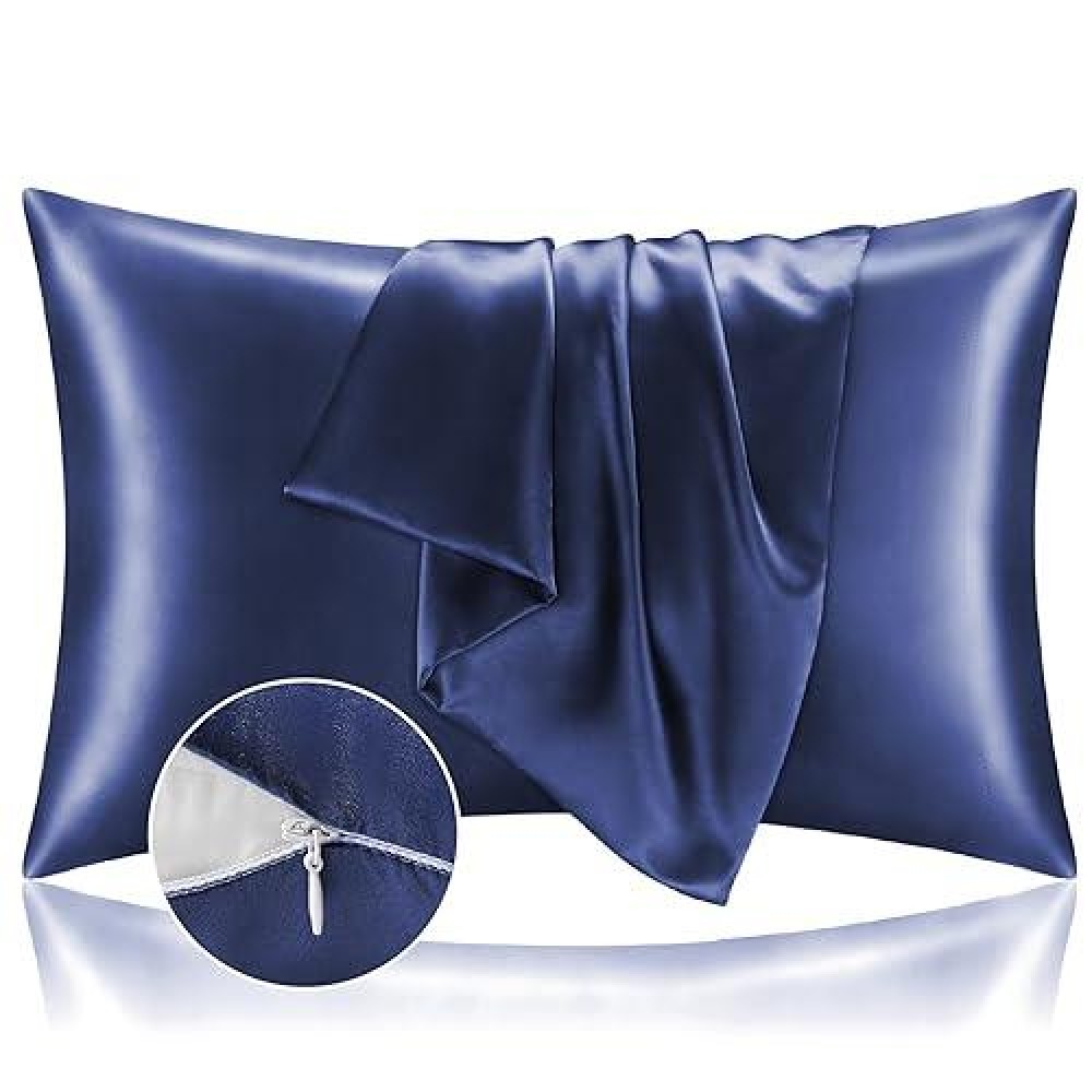 Bedelite Satin Pillowcase With Zipper  Navy Pillow Cases Queen Size Set Of 2  Super Soft And Cooling Similar To Silk Pillow Cases  Gift For Women Men(20X30 Inches)