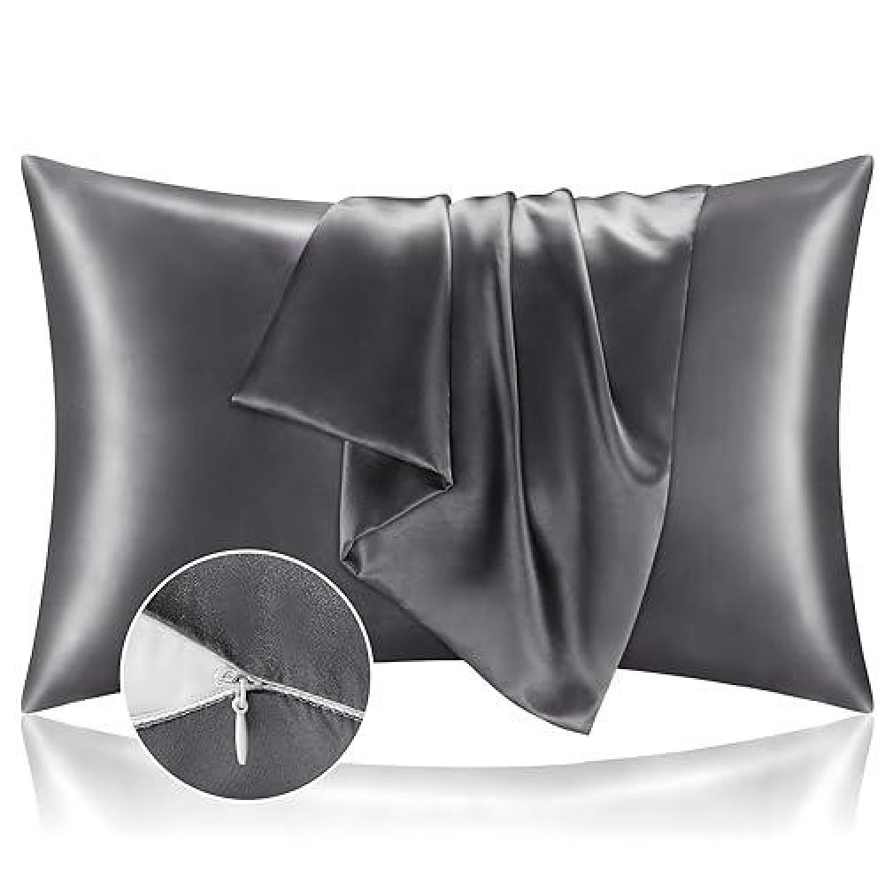 Bedelite Satin Pillowcase With Zipper  Dark Grey Pillow Cases Queen Size Set Of 2  Super Soft And Cooling Similar To Silk Pillow Cases  Gift For Women Men(20X30 Inches)