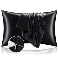 Bedelite Satin Pillowcase With Zipper  Black King Size Pillow Cases Set Of 2  Super Soft And Cooling Similar To Silk Pillow Cases  Gift For Women Men(20X40 Inches)