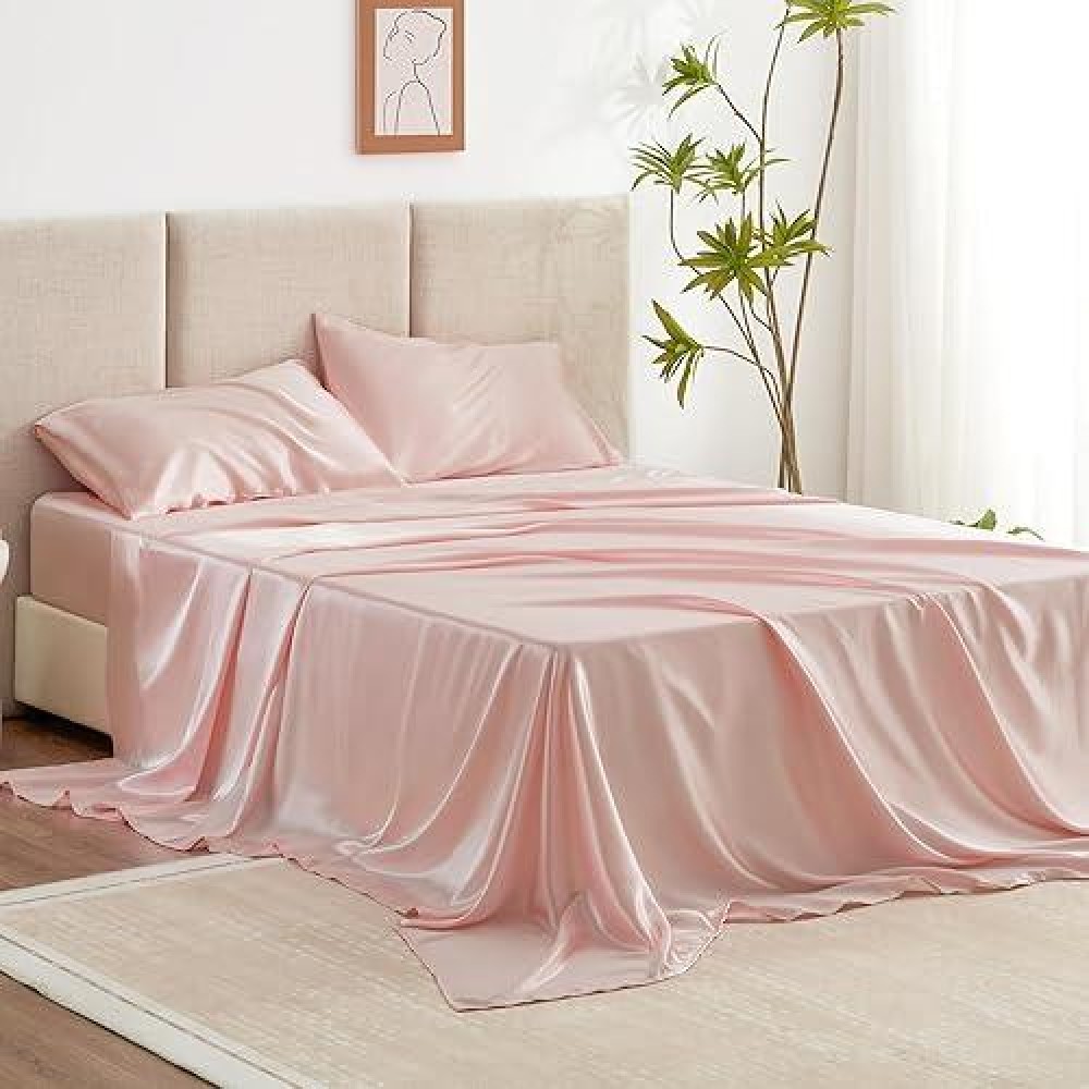 Loves Cabin Full Size Satin Sheet Sets 4 Piece Coral Silky Satin Sheet Set Full With Deep Pocket Luxury Silk Feel Satin Bed