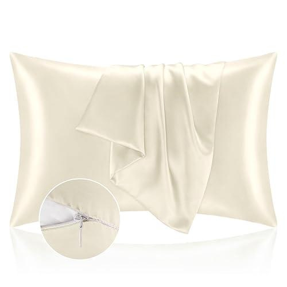 Bedelite Satin Pillowcase With Zipper  Beige King Size Pillow Cases Set Of 2  Super Soft And Cooling Similar To Silk Pillow Cases  Gift For Women Men(20X40 Inches)